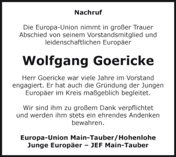 Traueranzeige von Wolfgang Goericke von Fränkische Nachrichten