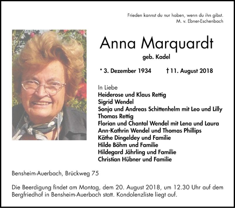  Traueranzeige für Anna Marquardt vom 15.08.2018 aus Bergsträßer Anzeiger