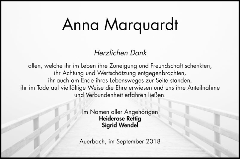  Traueranzeige für Anna Marquardt vom 01.09.2018 aus Bergsträßer Anzeiger