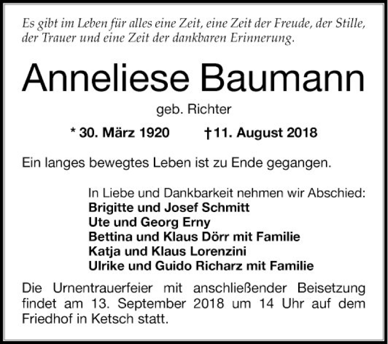  Traueranzeige für Anneliese Baumann vom 01.09.2018 aus Schwetzinger Zeitung