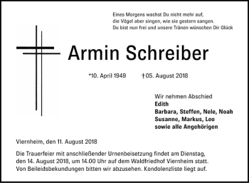Traueranzeige von Armin Schreiber von Mannheimer Morgen