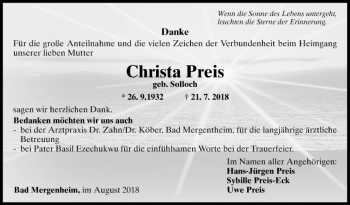 Traueranzeige von Christa Preis von Fränkische Nachrichten