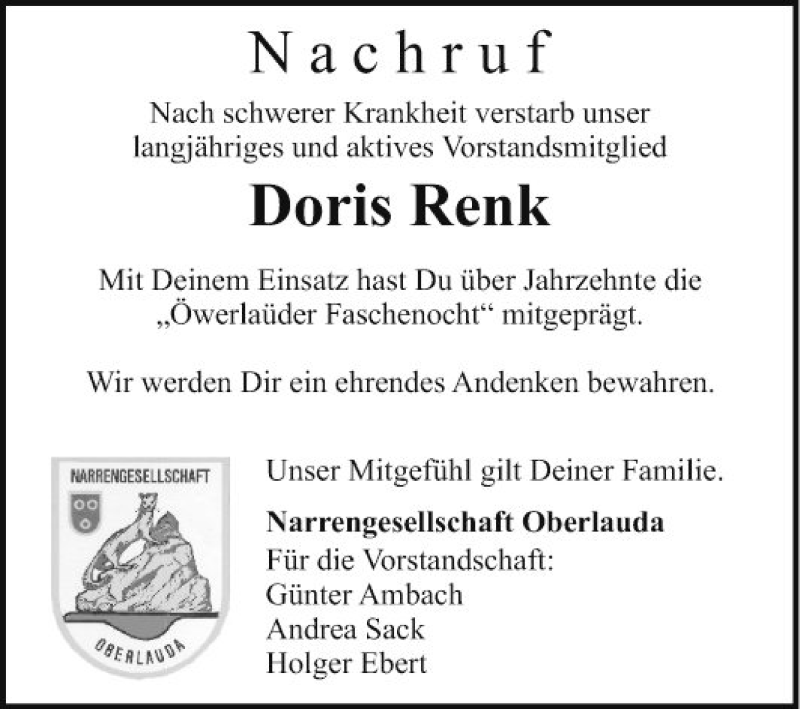  Traueranzeige für Doris Renk vom 04.08.2018 aus Fränkische Nachrichten