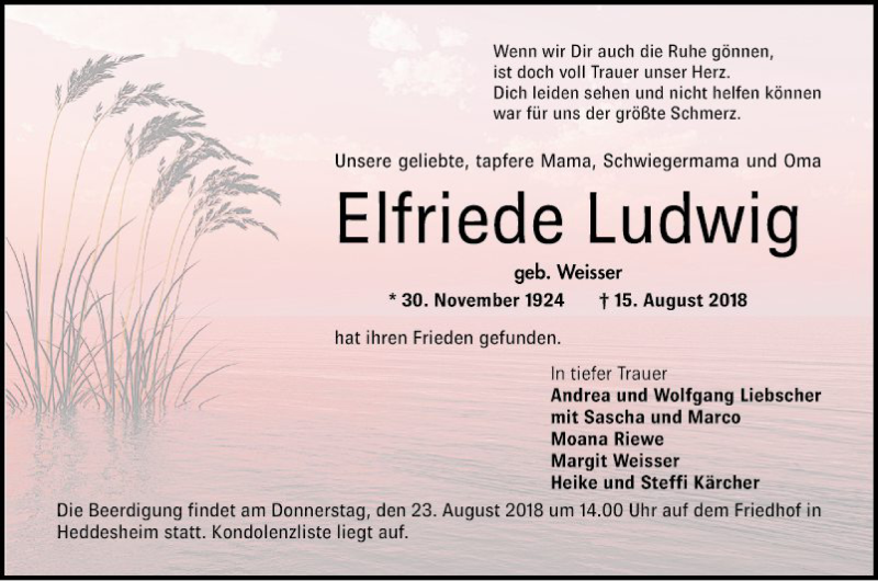  Traueranzeige für Elfriede Ludwig vom 18.08.2018 aus Mannheimer Morgen