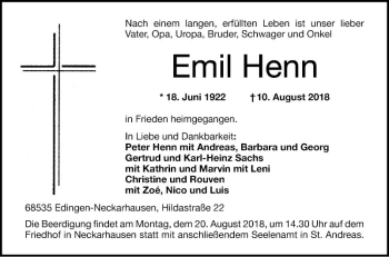 Traueranzeige von Emil Henn von Mannheimer Morgen