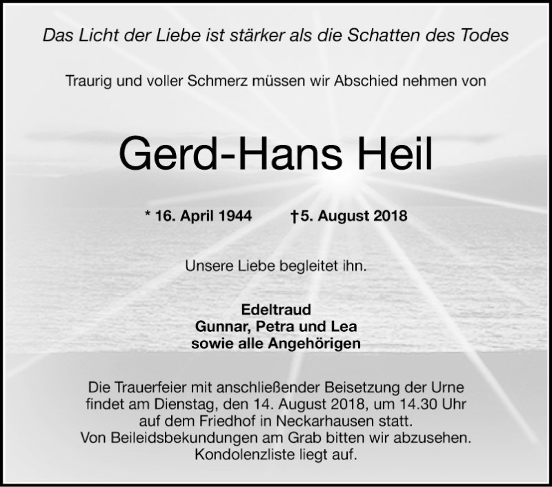 Traueranzeige für Gerd-Hans Heil vom 11.08.2018 aus Mannheimer Morgen
