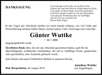 Traueranzeige von Günter Wuttke von Fränkische Nachrichten