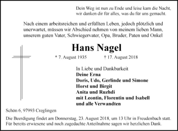 Traueranzeige von Hans Nagel von Fränkische Nachrichten