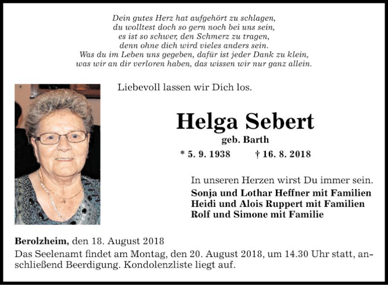 Traueranzeigen von Helga Sebert | Trauerportal Ihrer Tageszeitung