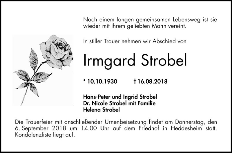  Traueranzeige für Irmgard Strobel vom 01.09.2018 aus Mannheimer Morgen