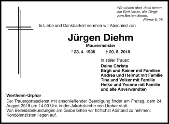 Traueranzeige von Jürgen Diehm von Fränkische Nachrichten