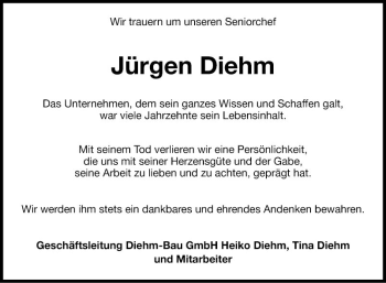 Traueranzeige von Jürgen Diehm von Fränkische Nachrichten