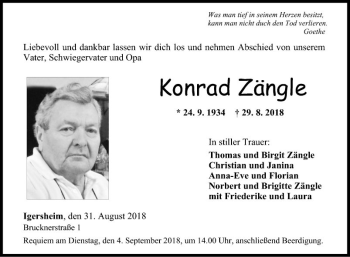 Traueranzeige von Konrad Zängle von Fränkische Nachrichten