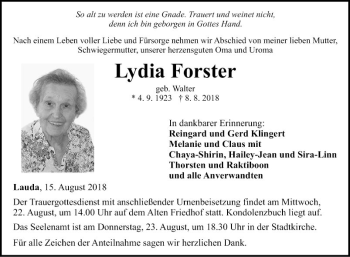 Traueranzeige von Lydia Forster von Fränkische Nachrichten