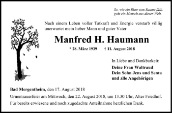 Traueranzeige von Manfred H. Haumann von Fränkische Nachrichten