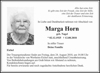 Traueranzeige von Marga Horn von Fränkische Nachrichten