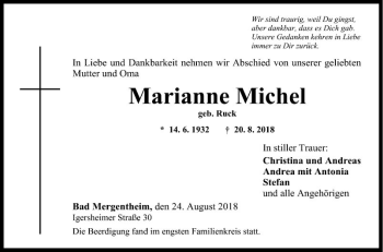 Traueranzeige von Marianne Michel von Fränkische Nachrichten