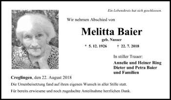 Traueranzeige von Melitta Baier von Fränkische Nachrichten