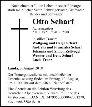 Traueranzeige von Otto Scharf von Fränkische Nachrichten