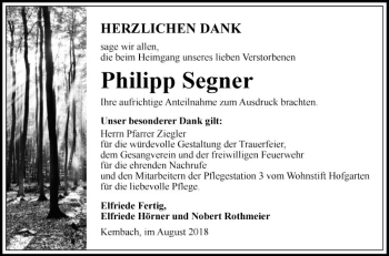Traueranzeige von Philipp Segner von Fränkische Nachrichten