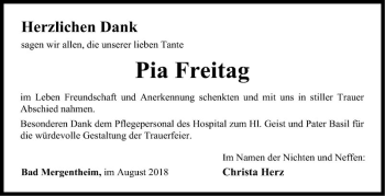 Traueranzeige von Pia Freitag von Fränkische Nachrichten