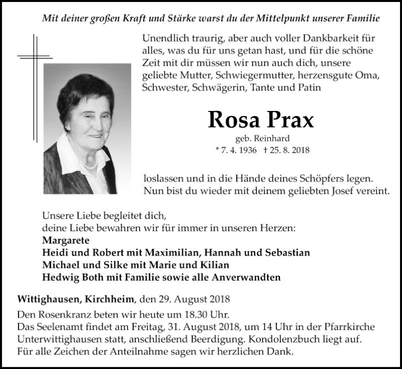  Traueranzeige für Rosa Prax vom 29.08.2018 aus Fränkische Nachrichten