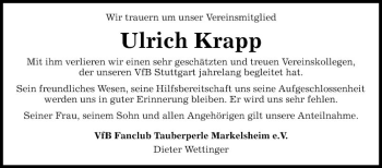 Traueranzeige von Ulrich Krapp von Fränkische Nachrichten