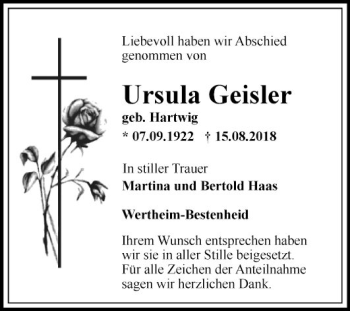 Traueranzeige von Ursula Geister von Fränkische Nachrichten