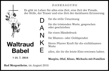 Traueranzeige von Waltraud Babel von Fränkische Nachrichten