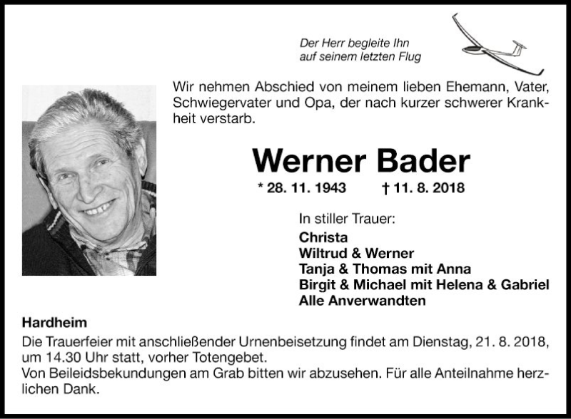  Traueranzeige für Werner Bader vom 17.08.2018 aus Fränkische Nachrichten