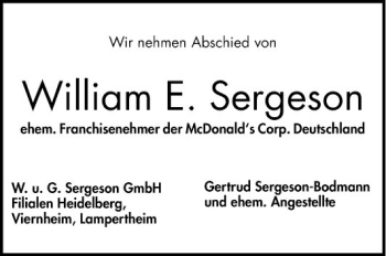 Traueranzeige von William E. Sergeson von Südhessen Morgen