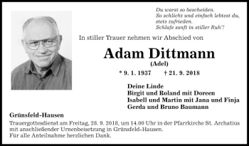 Traueranzeige von Adam Dittmann von Fränkische Nachrichten