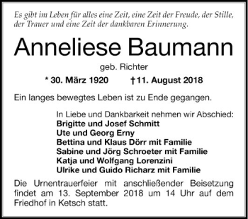 Traueranzeige von Anneliese Baumann von Schwetzinger Zeitung