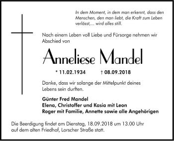 Traueranzeige von Anneliese Mandel von Südhessen Morgen