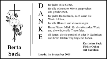 Traueranzeige von Berta Sack von Fränkische Nachrichten