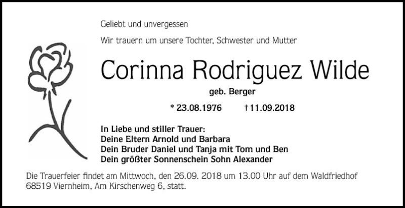  Traueranzeige für Corinna  Rodriguez Wilde vom 21.09.2018 aus Mannheimer Morgen