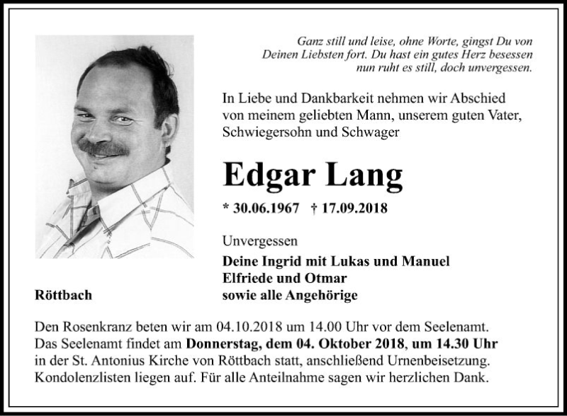  Traueranzeige für Edgar Lang vom 28.09.2018 aus Fränkische Nachrichten