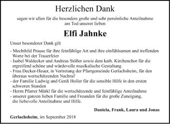 Traueranzeige von Elfi Jahnke von Fränkische Nachrichten