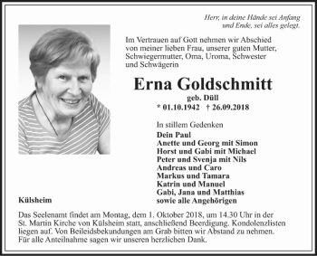 Traueranzeige von Erna Goldschmitt von Fränkische Nachrichten