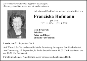 Traueranzeige von Franziska Hofmann von Fränkische Nachrichten