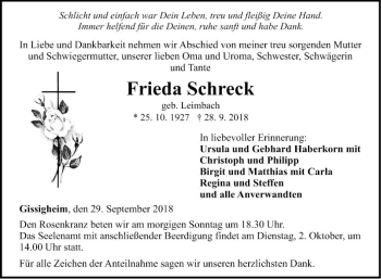 Traueranzeige von Frieda Schreck von Fränkische Nachrichten