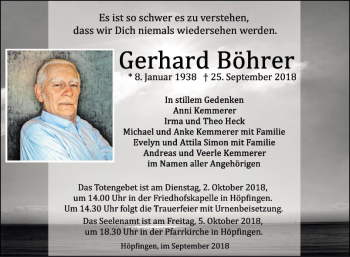 Traueranzeige von Gerhard Böhrer von Fränkische Nachrichten