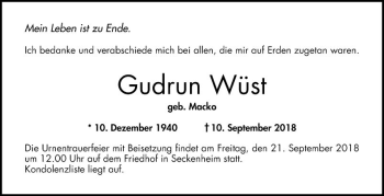 Traueranzeige von Gudrun Wüst von Mannheimer Morgen