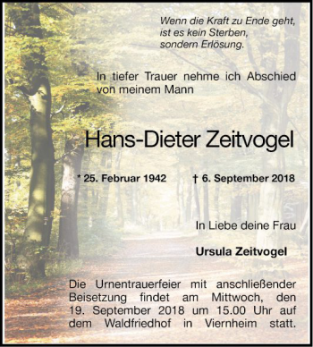 Traueranzeige von Hans-Dieter Zeitvogel von Mannheimer Morgen