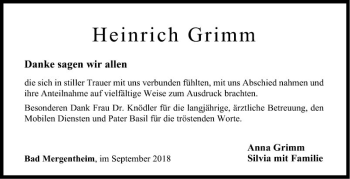 Traueranzeige von Heinrich Grimm von Fränkische Nachrichten