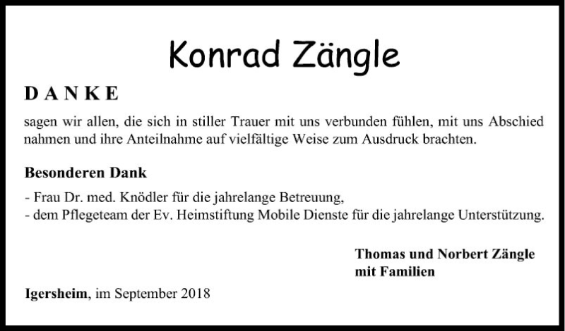  Traueranzeige für Konrad Zängle vom 21.09.2018 aus Fränkische Nachrichten