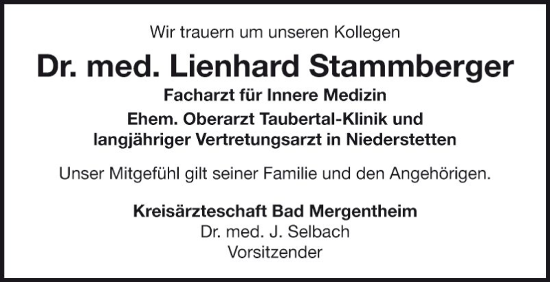  Traueranzeige für Lienhard Stammberger vom 11.09.2018 aus Fränkische Nachrichten