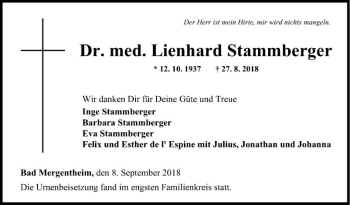Traueranzeige von Lienhard Stammberger von Fränkische Nachrichten