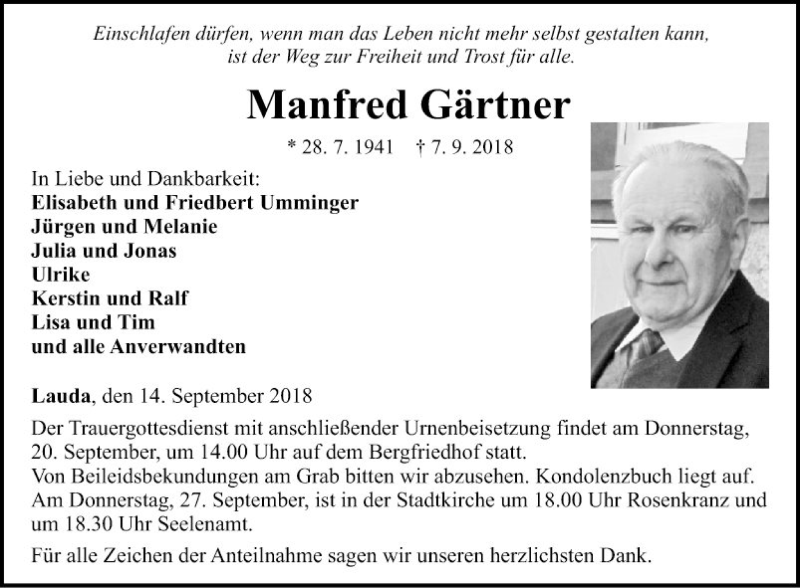  Traueranzeige für Manfred Gärtner vom 14.09.2018 aus Fränkische Nachrichten