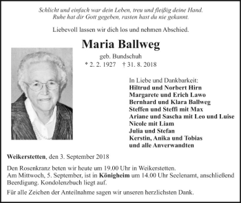 Traueranzeige von Maria Ballweg von Fränkische Nachrichten